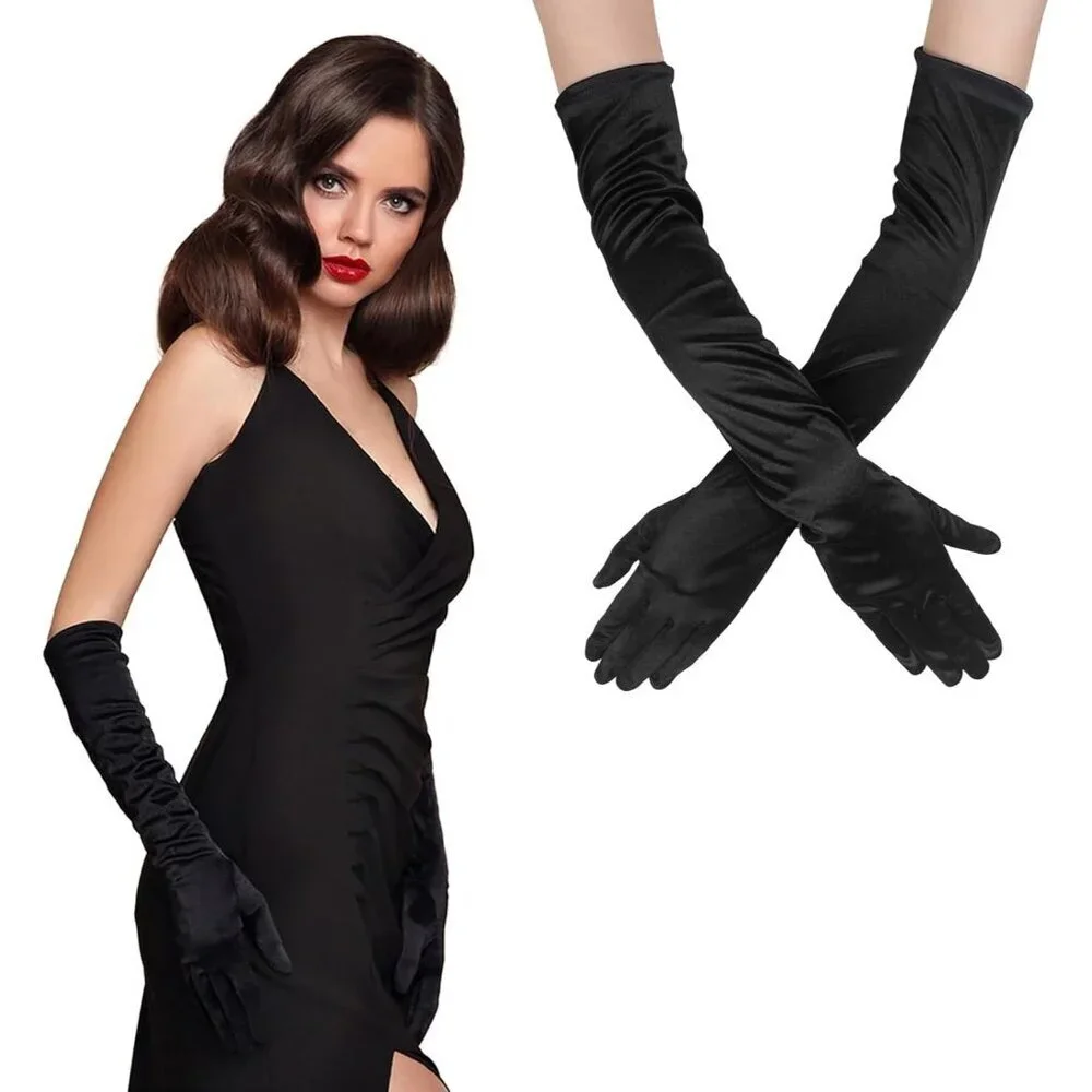Women's Black Long Satin Opera Fabric Gloves Party Tea Stretchy Elbow Length
